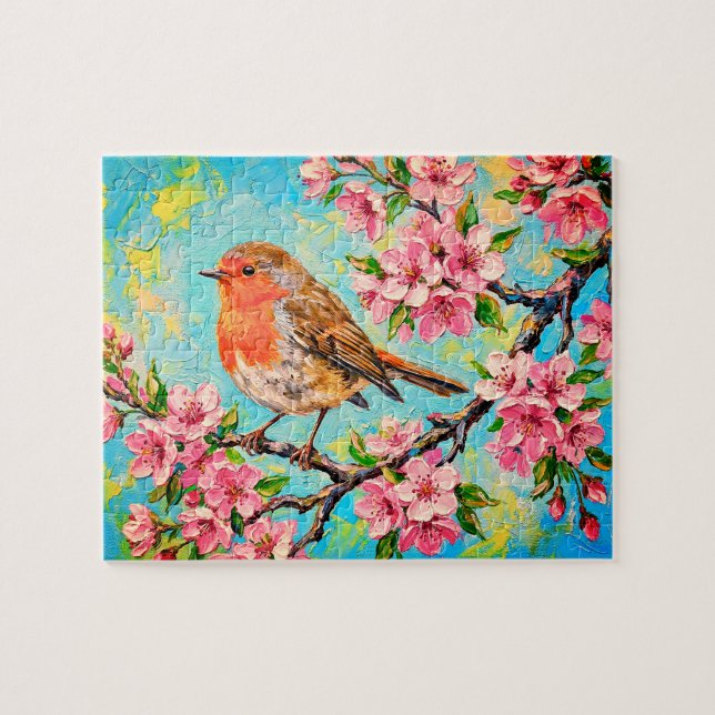 Frühling-Rotkehlchen in Kirschblüten-Ölgemälde Puzzle (Horizontal)