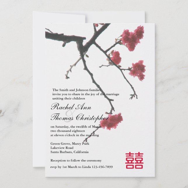 Frühling Sakura Oriental Zen Xi Hochzeit Einladung (Vorderseite)