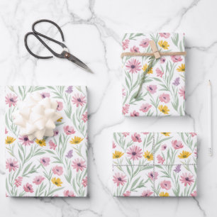 Frühling Sommer Gelb Pink Lila Floral Wasserfarbe Geschenkpapier Set
