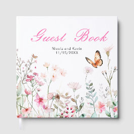 Frühling Tief Rosa Schmetterling Florale Hochzeit Gästebuch