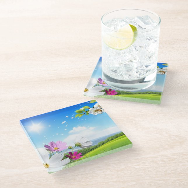 Frühling und Sommer Sonnentag Glasuntersetzer (Schrägansicht)