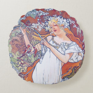 Frühling (vier Saisons), Alphonse Mucha Kissenbrec Rundes Kissen