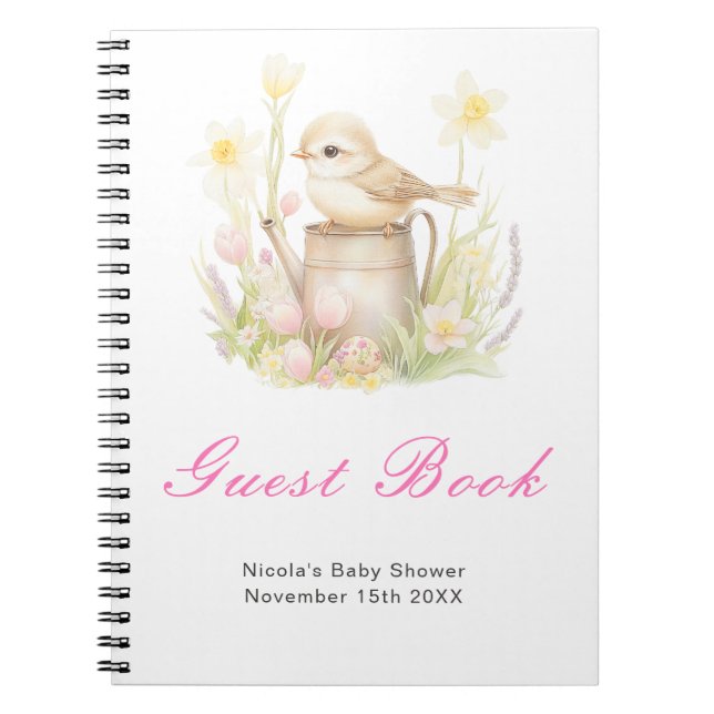 Frühling-Vogel-Gießkanne-Baby-Shower-Gästebuch Notizblock (Vorderseite)