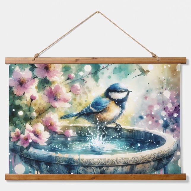 Frühling-Vogelbad-Wasserfarbe  Wandteppich Mit Holzrahmen (Vorne)