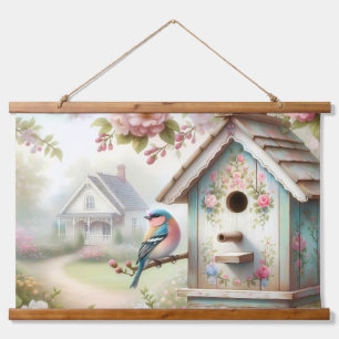 Frühling Vogelhaus mit pastellfarbenen Blumen und Wandteppich Mit Holzrahmen