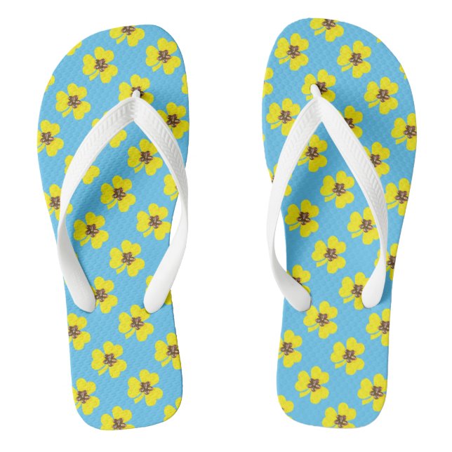 Frühlingblau und gelb, gelbe Klee Flip Flops (Fußbett)