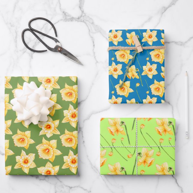 Frühlinggelbe Daffodin Blumengrün Blau Geschenkpapier Set (Vorderseite)
