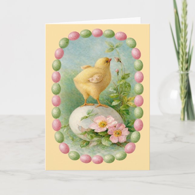 Frühlingküken mit Pastell-Eier-Rahmen Karte (Vorderseite)