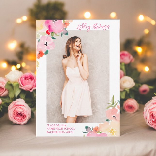 Frühlingrosa boho schicke Gartenanlage Abschluss Ankündigung (Spring pink boho chic garden floral graduation announcement)
