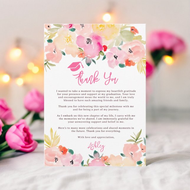 Frühlingrosa boho schicke Gartenanlage Abschluss Dankeskarte (Spring pink boho chic garden floral graduation thank you card)