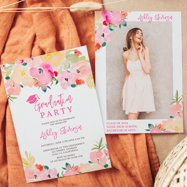 Frühlingrosa boho schicke Gartenanlage Abschluss Einladung (Spring pink boho chic garden floral graduation invitation)