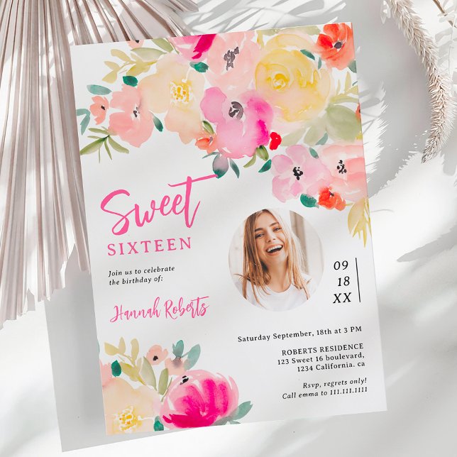 Frühlingrosa boho schicke Gartenanlage Blumengebir Einladung (Spring pink boho chic garden floral photo sweet 16 invitation)