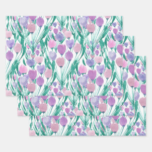 Frühlingrosa Lila Tulip Floral Wasserfarbe Geschenkpapier Set