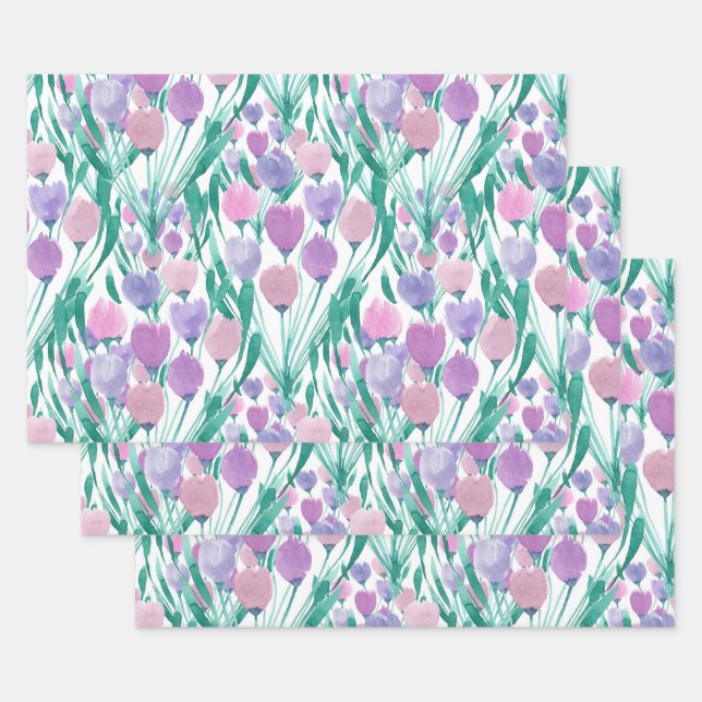 Frühlingrosa Lila Tulip Floral Wasserfarbe Geschenkpapier Set (Set)