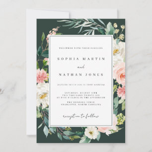 Frühlings-Aquarell-Blumen-Hochzeit in Grün und Ros Einladung