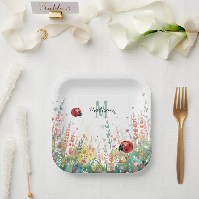 Frühlings-Aquarell-Marienkäfer-Blumen-Monogramm Wi Pappteller (Hochzeit)
