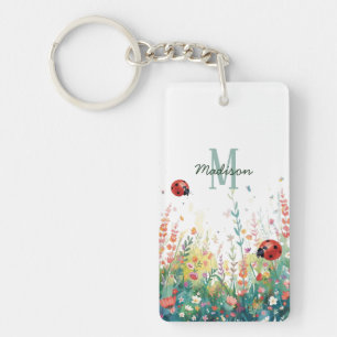 Frühlings-Aquarell-Marienkäfer-Blumen-Monogramm-Wi Schlüsselanhänger