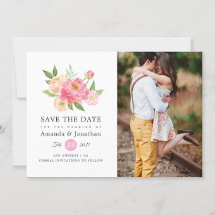 Frühlings-Aquarell-Pfingstrosen-Hochzeitsfoto Save The Date