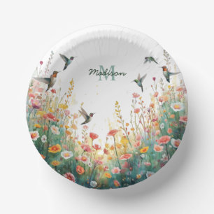 Frühlings-Aquarell-Vögel-Blumen-Monogramm Wildblum Pappteller