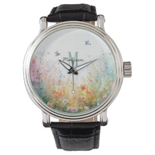 Frühlings-Aquarell-Vögel Florales Monogramm Wildbl Armbanduhr