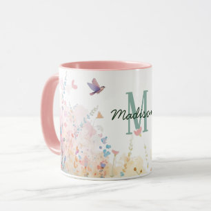 Frühlings-Aquarell-Vögel Florales Monogramm Wildbl Tasse