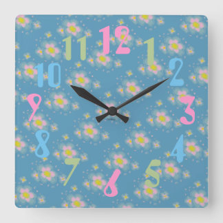 Frühlings-Blumen (Rosa/Blau) Quadratische Wanduhr