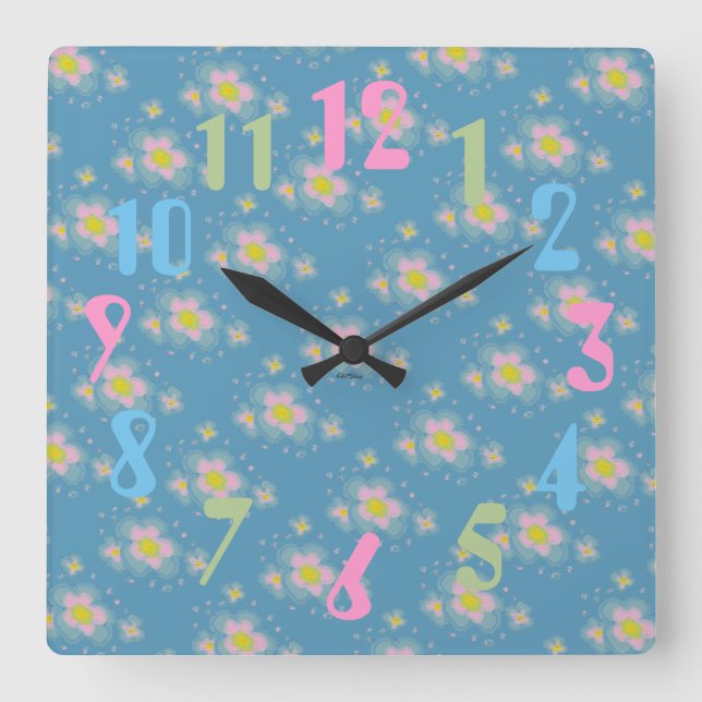 Frühlings-Blumen (Rosa/Blau) Quadratische Wanduhr (Vorderseite)