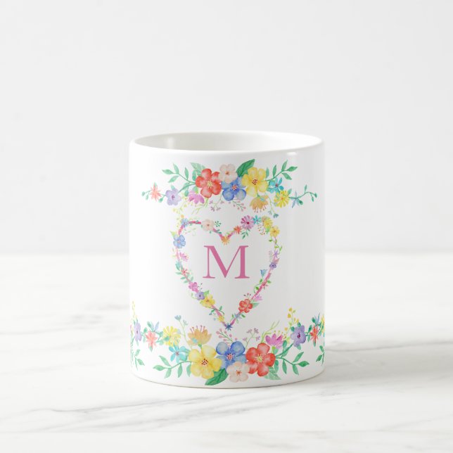 Frühlings-Blumenblumenanfangsmonogramm Watercolor Kaffeetasse (Mittel)