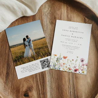 Frühlings-Blumenwiese QR-Code Foto-Hochzeit Einladung