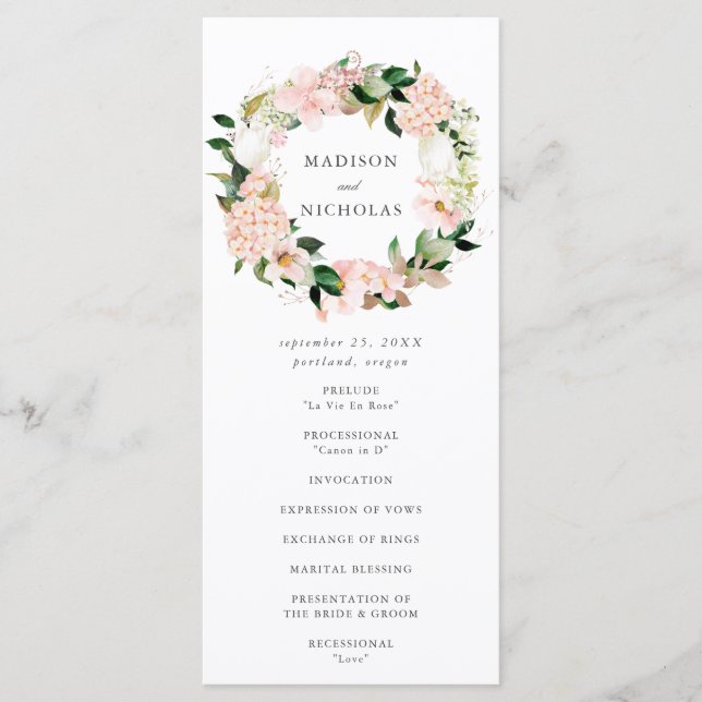 Frühlings-Blush-Blumenhochzeitszeremonie Programm (Vorderseite)