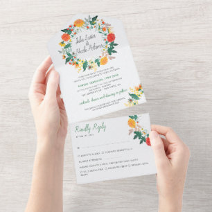 Frühlings-Dahlien-Wildblumen-Kranz Hochzeit All In One Einladung