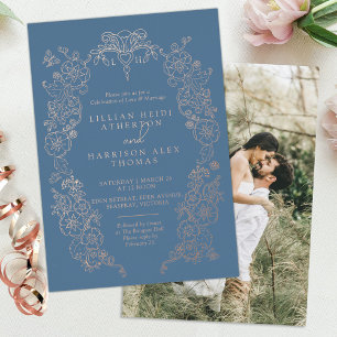 Frühlings-Fleur-de-lis-Hochzeit grau blau Folieneinladung