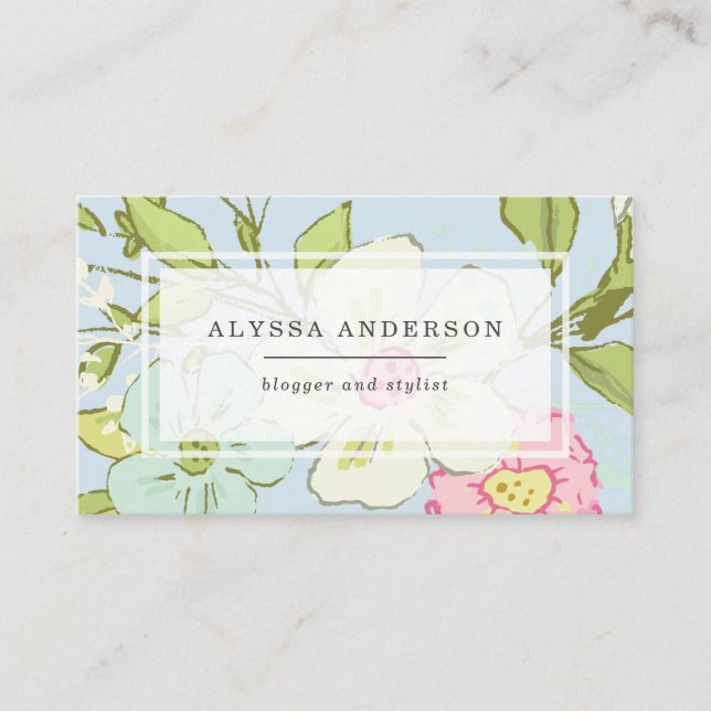 Frühlings-Garten in modischem Blumen des Blau-| Visitenkarte (Vorderseite)