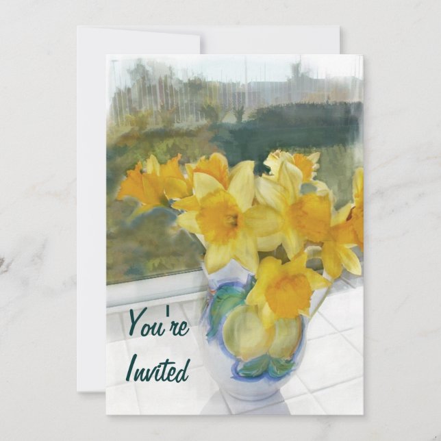 Frühlings-gelbe Narzissen in einem Fenster Einladung (Vorderseite)