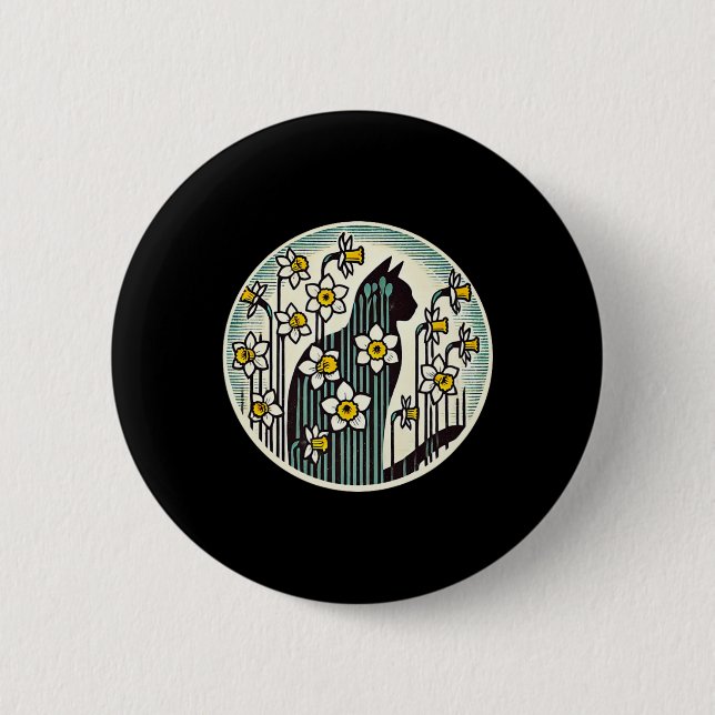 Frühlings-Kitty-Katze-Illustration Osterglocken-Ka Button (Vorderseite)