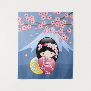 Frühlings-Kokeshi-Puppe - Süße japanische Geisha-D Wandteppich