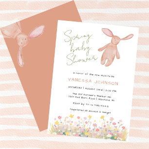 Frühlings-Mädchen-Baby-Party Rosa Hase Wildblumen Einladung