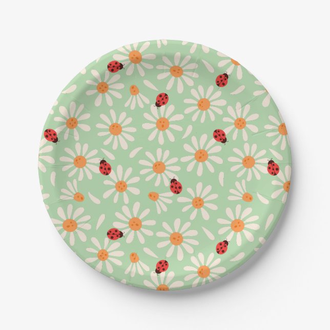 Frühlings-Marienkäfer und Gänseblümchen Pappteller (Vorderseite)