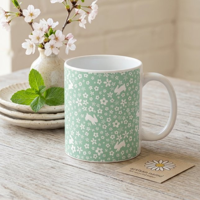 Frühlings-Mintgrüner-Blumen-Hase Kaffeetasse (Von Creator hochgeladen)