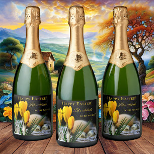 Frühlings-Oster-Krokus-Blasen Funkelndes Weinlabel