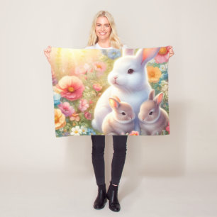 Frühlings-Osterhase-Familie-Blumengarten Fleecedecke