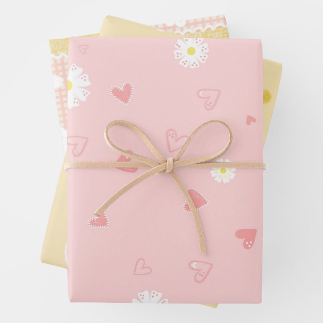 Frühlings-Pastell-Blumen & Herzen Geschenkpapier Set (Beispiel)