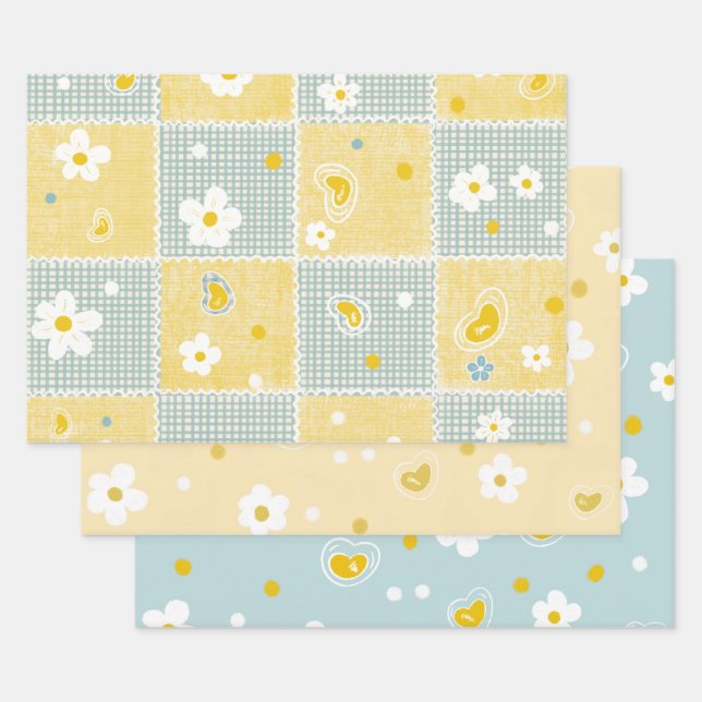 Frühlings-Pastell-Blumen & Herzen Geschenkpapier Set (Set)