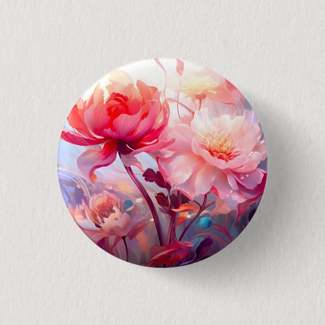 Frühlings-Pfingstrosen-Blüten-Garten-Aquarell Button (Vorderseite)
