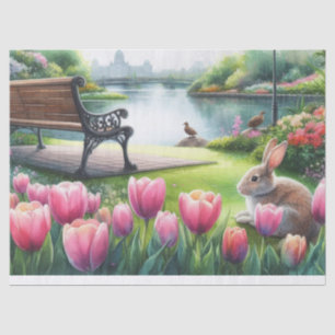 Frühlings-Pink-Tulpen und Parkbank Dekupage Seidenpapier