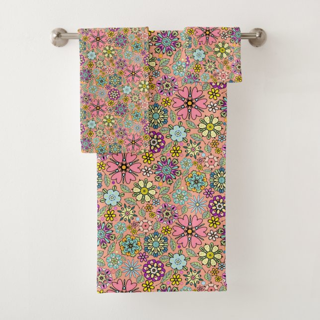 Frühlings-Retro-Blumenfarben Nahtloses Muster Badhandtuch Set (Insitu)