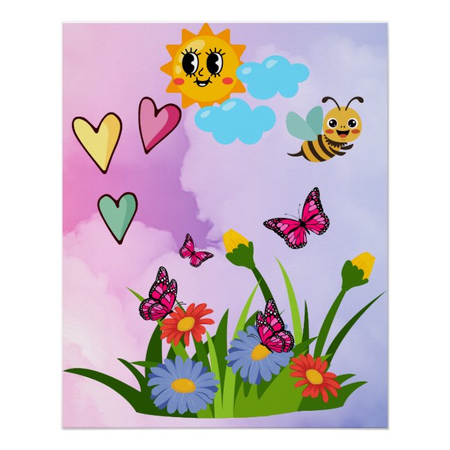 Frühlings-Schmetterlings-Wildblumenwiese Poster (Vorderseite)