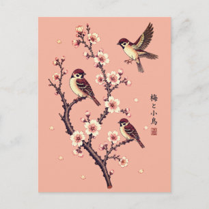 Frühlings-Sperlinge auf einem blühenden Ast Postkarte