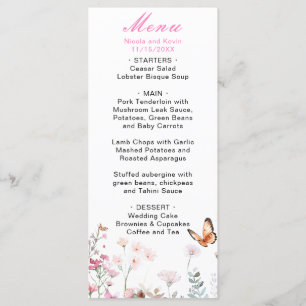 Frühlings-Tiefrosa-Schmetterling Florale Hochzeit Menükarte
