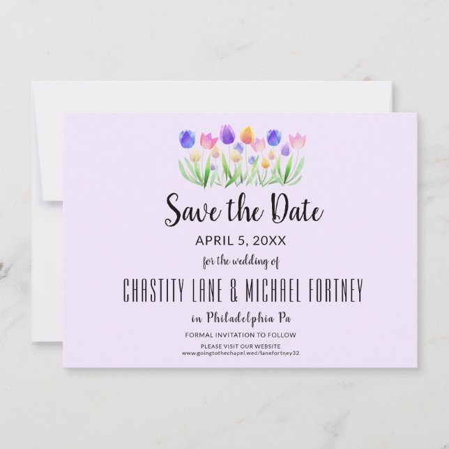 Frühlings-Tulpe Elegante Lavendel Moderne Hochzeit Save The Date (Vorderseite)